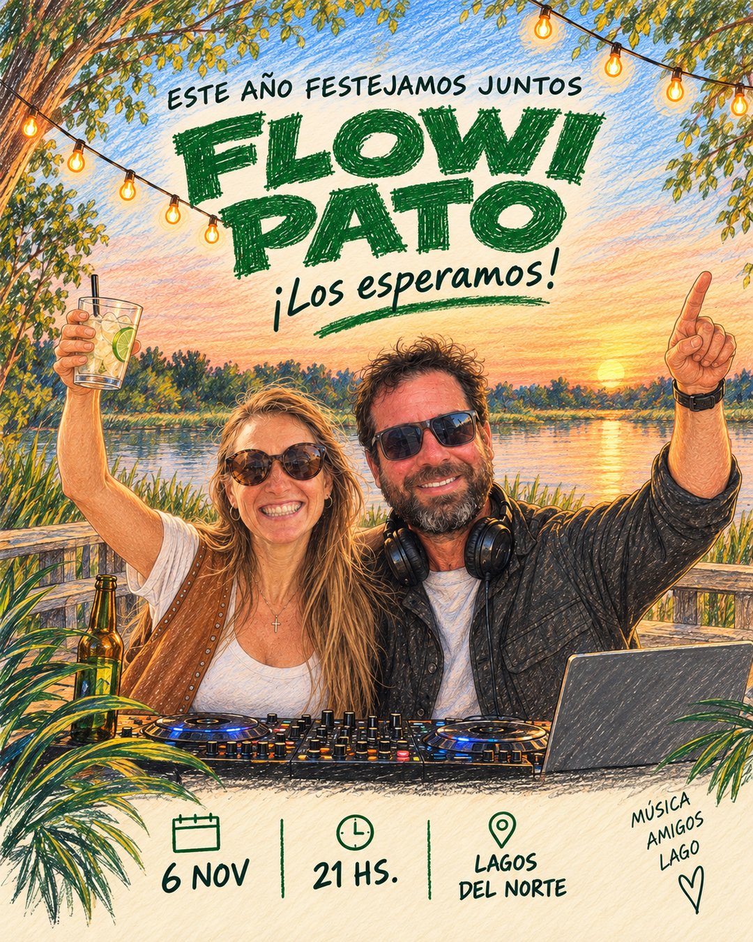 Flyer del festejo: Flowi y Pato con anteojos de sol, atrás de una consola de DJ frente al lago al atardecer. 6 de noviembre, 21 h, Lagos del Norte.